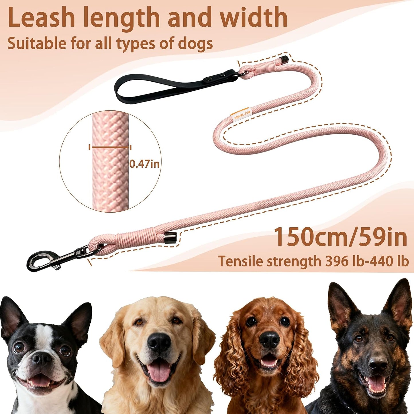 Correa perro 5ft resistente 440lb antideslizante hebilla 360