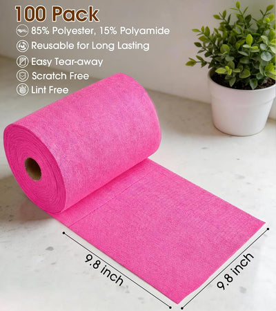 Rollo microfibra 100 toallas reutilizables sin pelusas rosa