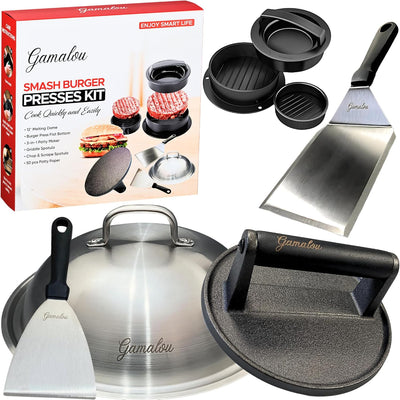 Kit prensa hamburguesas hierro fundido 7pulg 3en1 espátula 4.3pulg