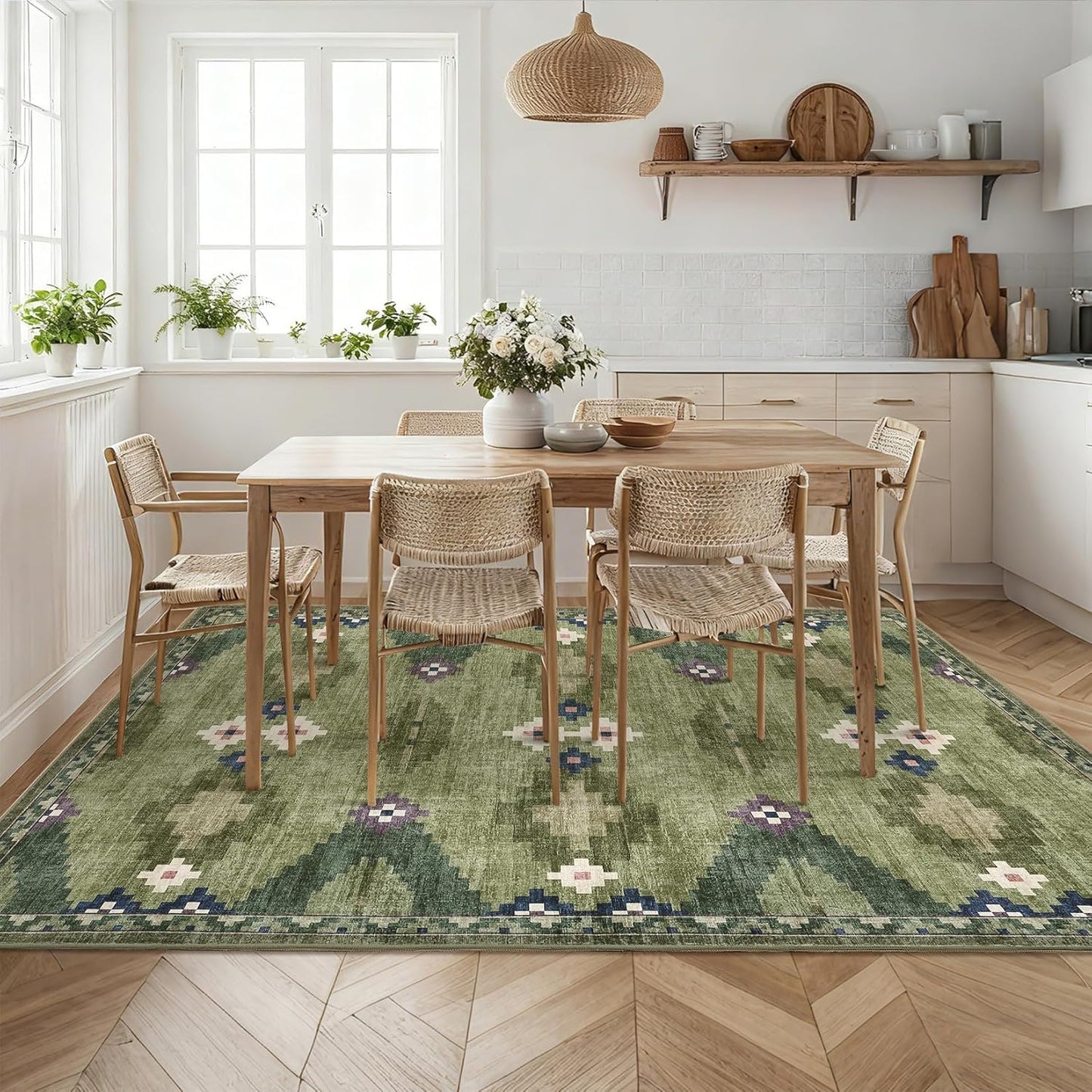 Alfombra verde estilo bohemio 5x7pulg antideslizante dormitorio