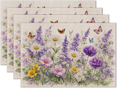 Juego de 4 manteles individuales de primavera 12 x 18 pulgadas con mariposas florales