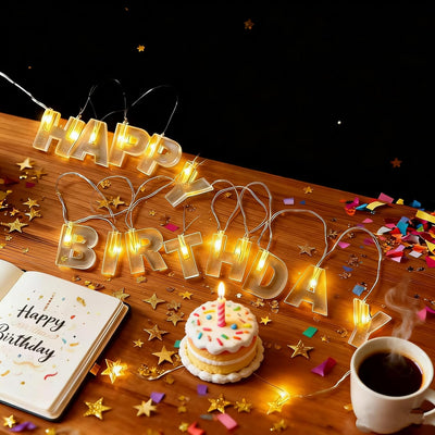 Cadena Luces LED Happy Birthday Blancas 1.2pulg 8.2pies