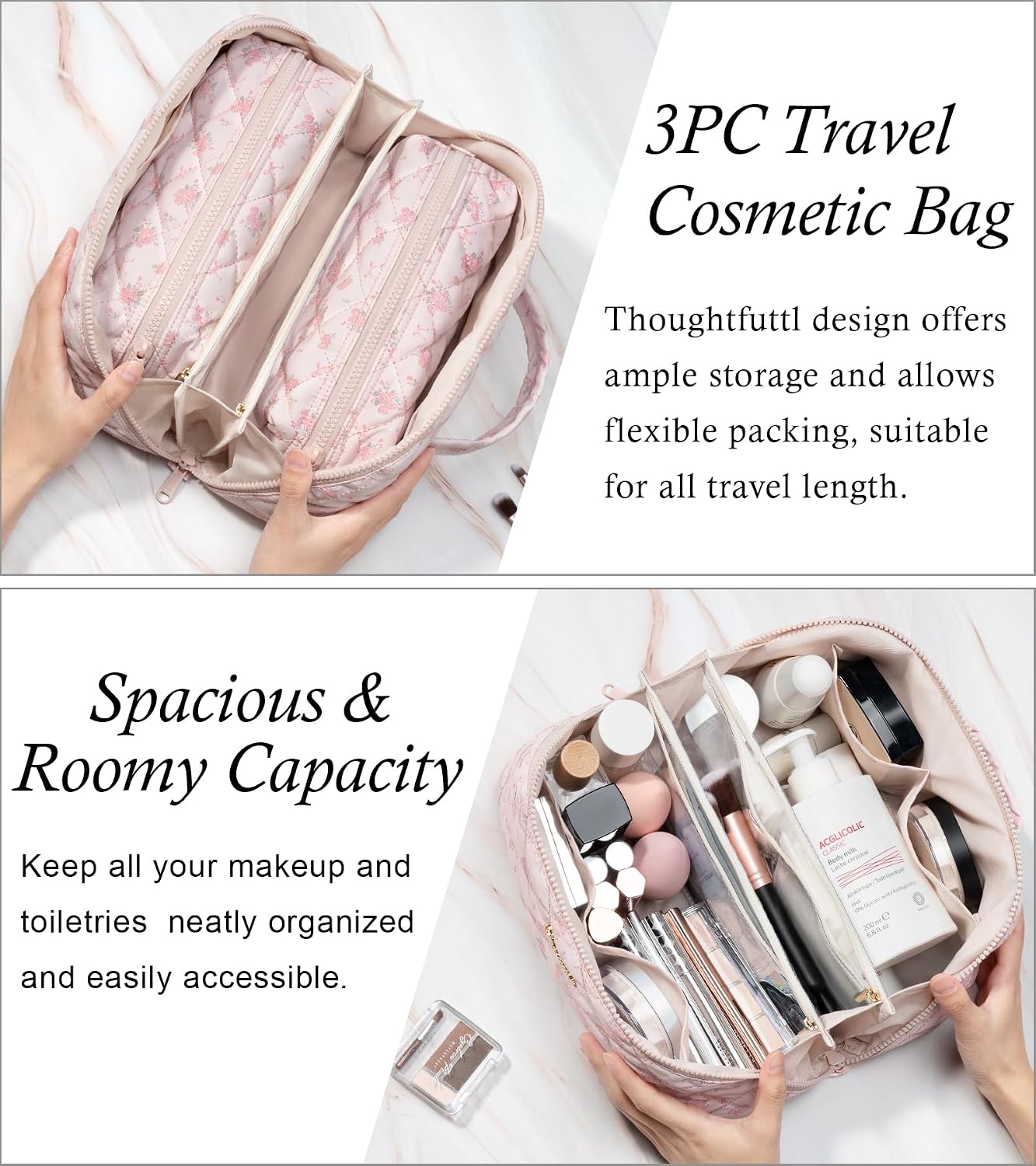 Bolsa maquillaje viaje 3 pzas L rosa con divisor transparente