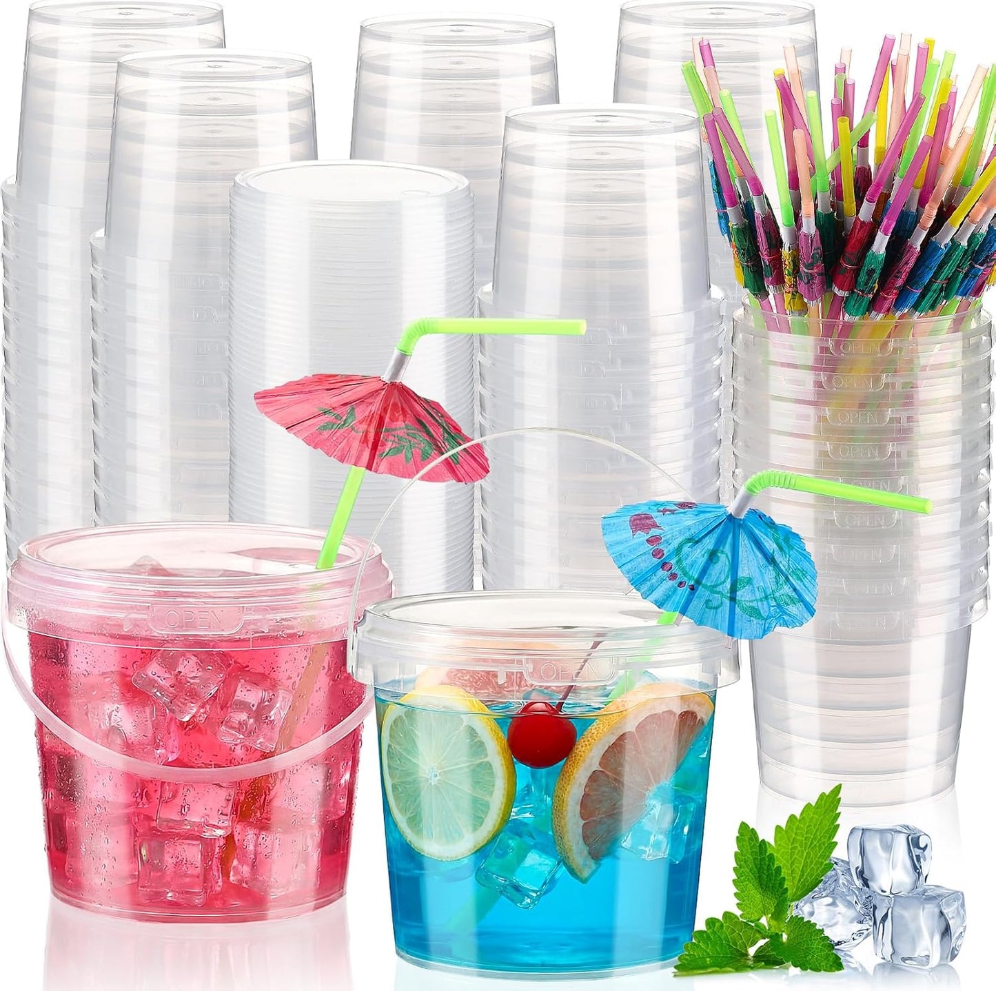 60 Pzas Cubos Plástico Transparente 25oz Con Popote Para Bebidas