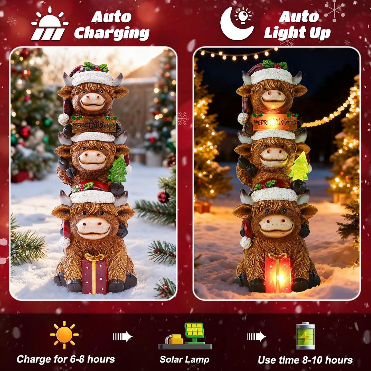 Estatuas vaca highland con luz solar para jardín