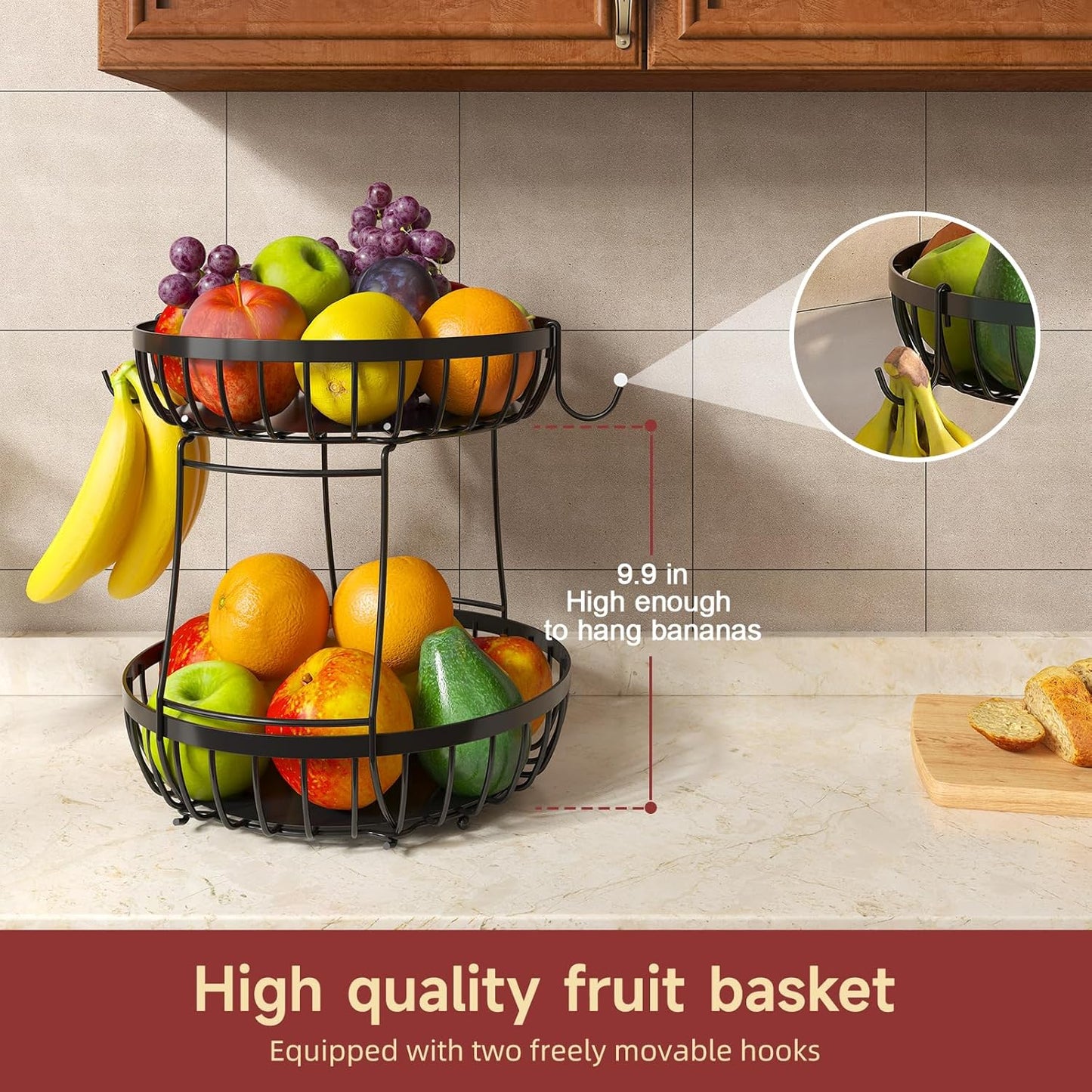 Cesta frutas 2 niveles con ganchos y 3 contenedores