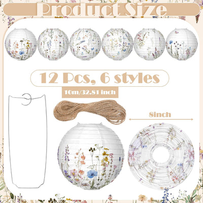 12 Faroles Papel Flores Silvestres 8pulg Colgantes Decoración