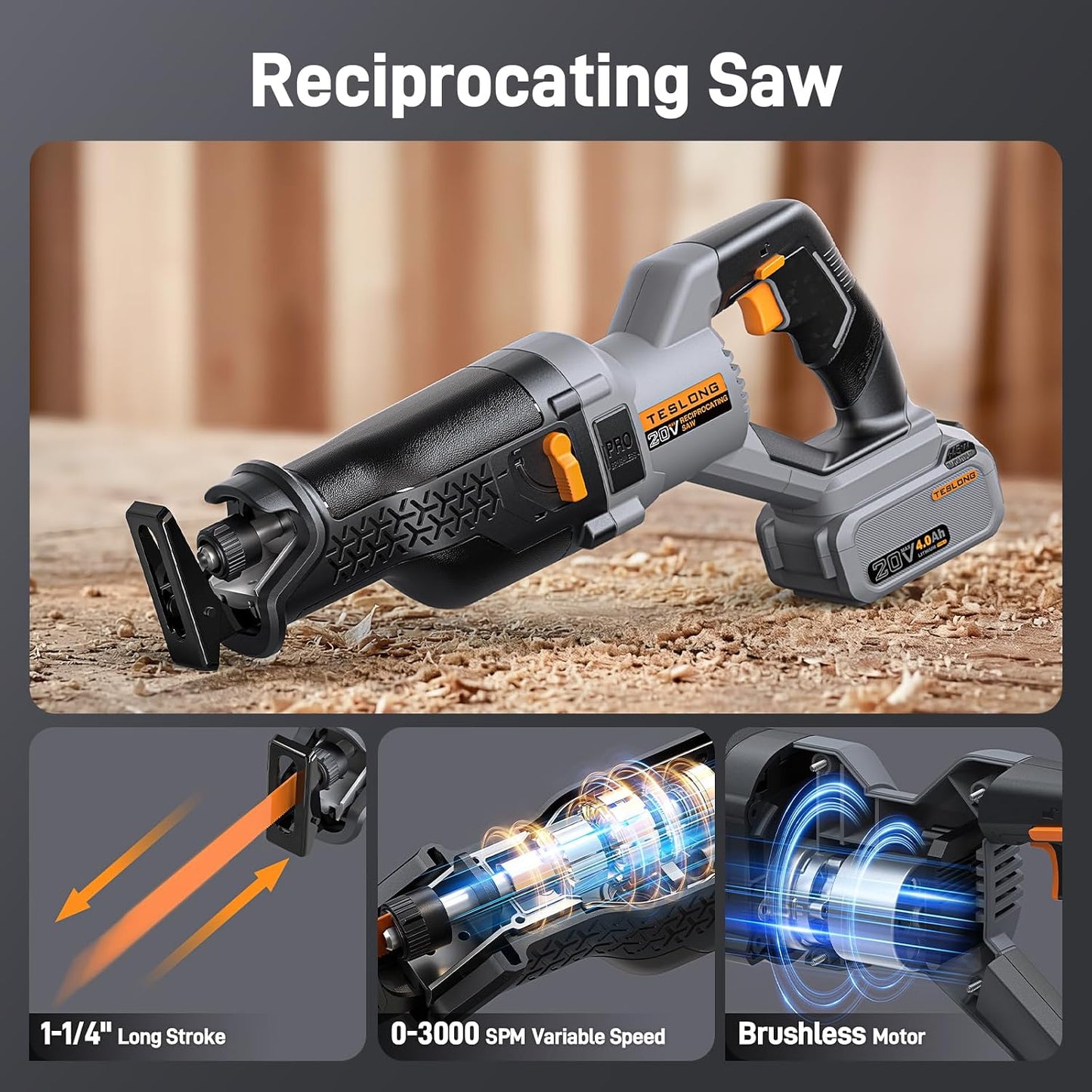 Sierra recíproca 20V 1-1/4pulg 0-3000SPM LED 4Ah