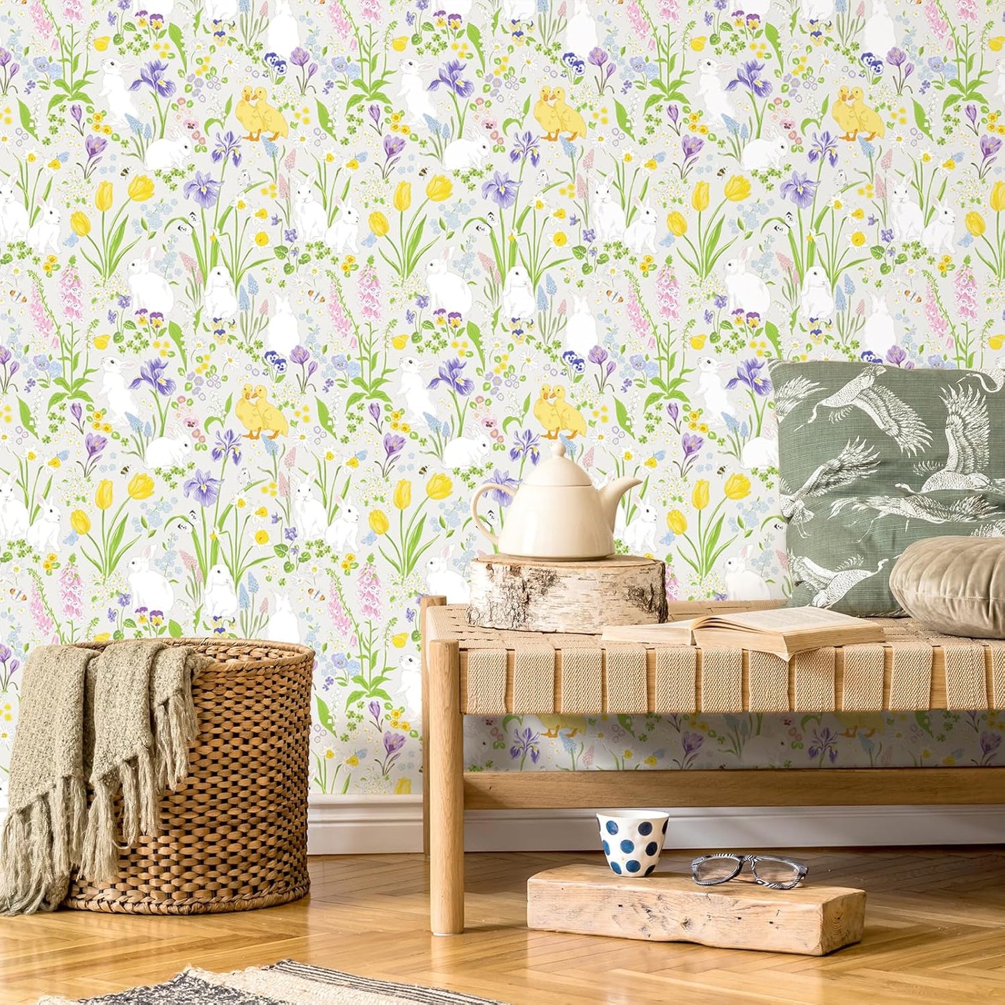 Papel tapiz conejo blanco diseño floral 12x118pulg