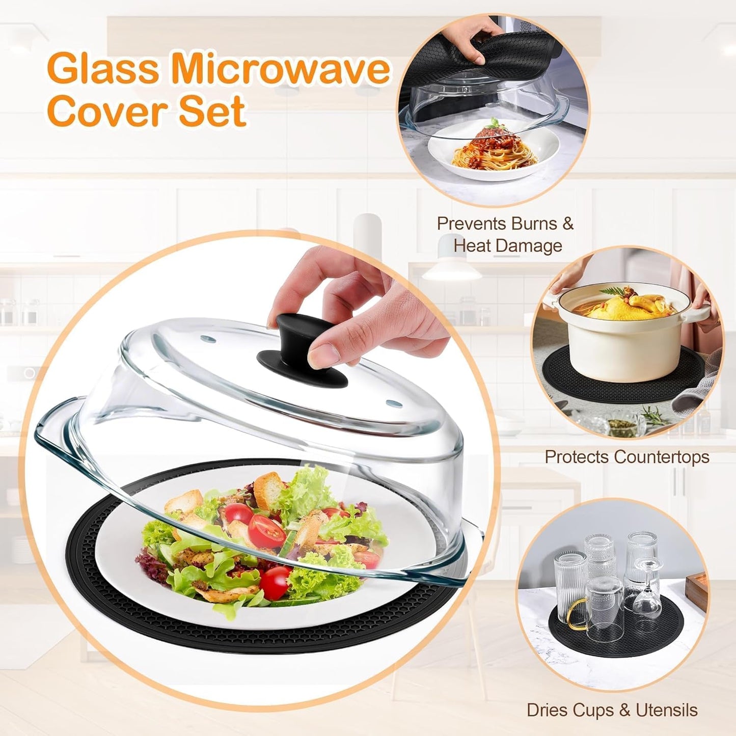 Cubierta de vidrio para microondas con tapete protector resistente, orificios de ventilación y mango de silicona sin BPA