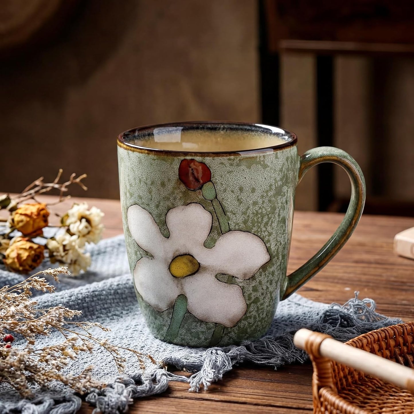 Juego de tazas de café de cerámica 12 oz con acristalamiento y diseño floral