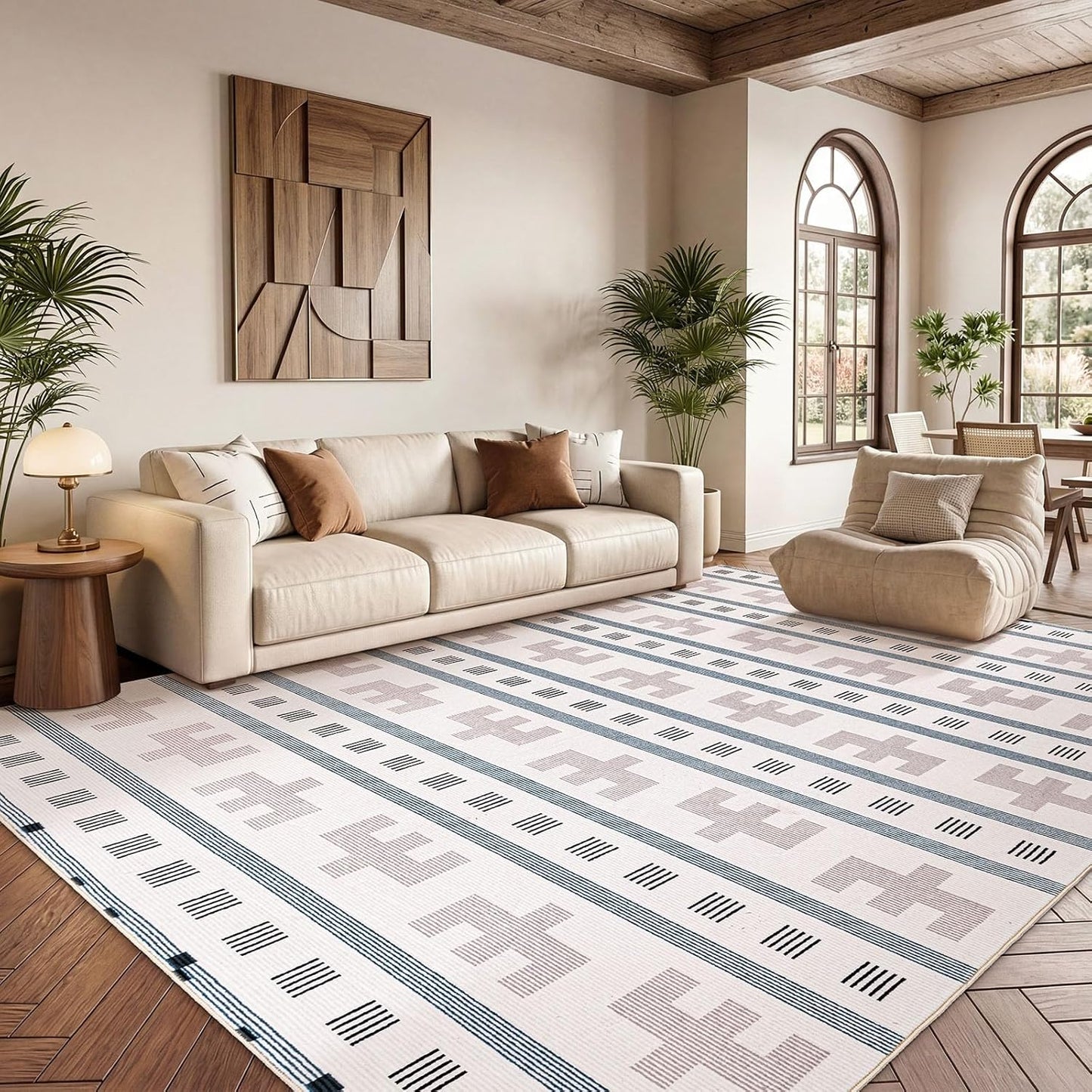 Alfombra geométrica bohemia 5x7ft sala dormitorio comedor beige