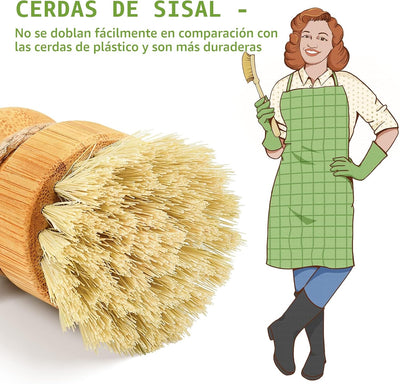 Cepillos bambú para fregar platos sartenes hierro fundido set 3