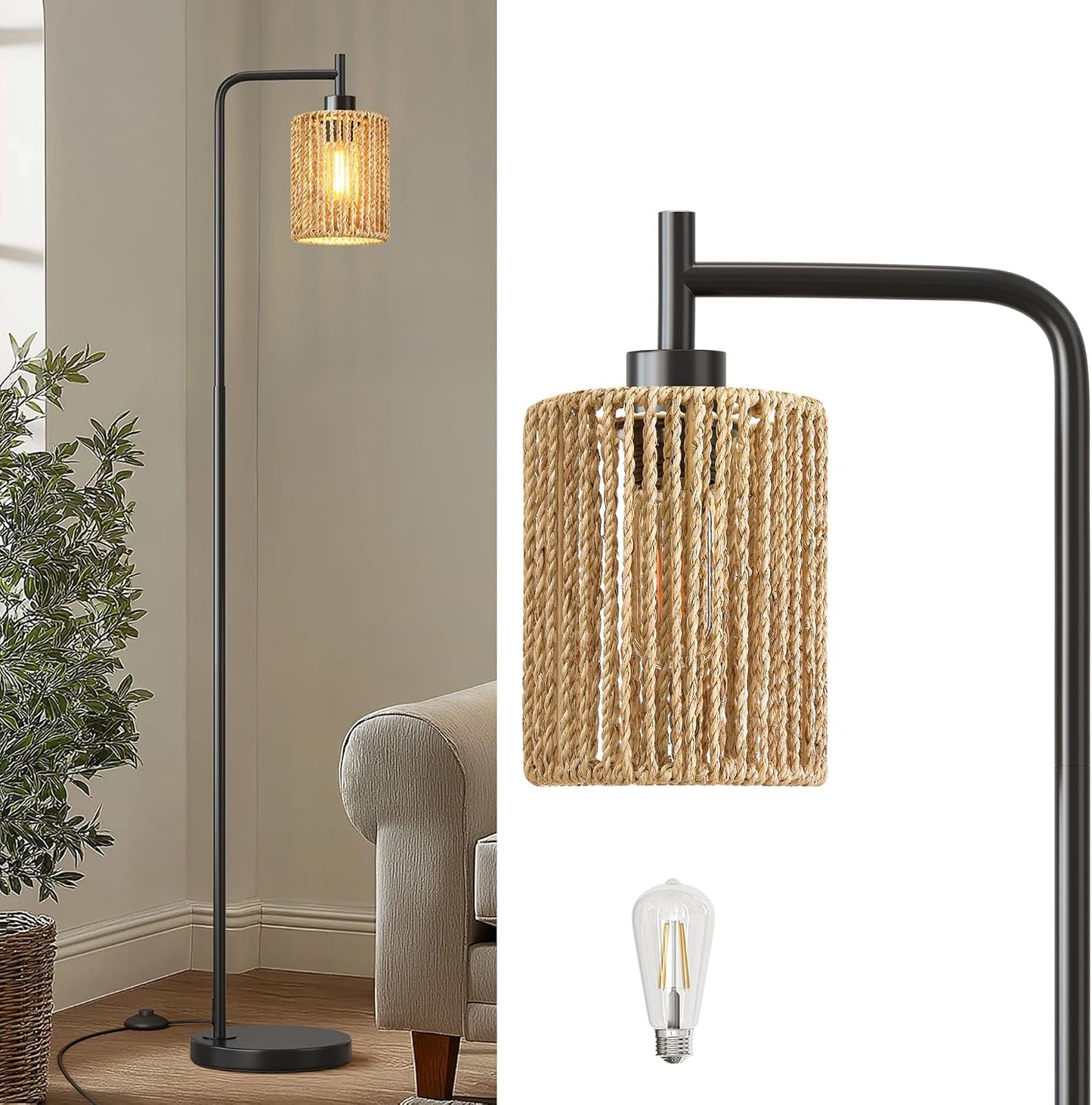 Lámpara pie negra 66pulg bohemia ratán LED interruptor