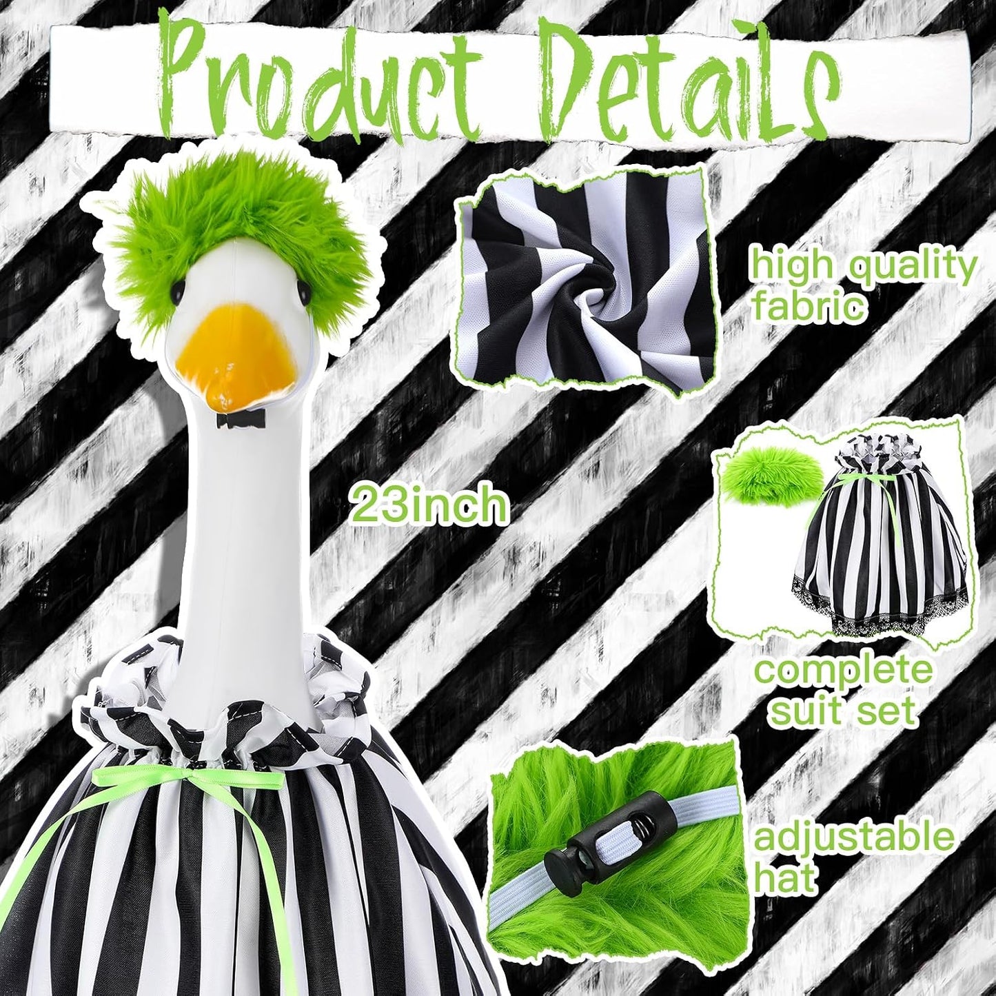Disfraz ganso Halloween capa rayas blancas y negras gorro verde