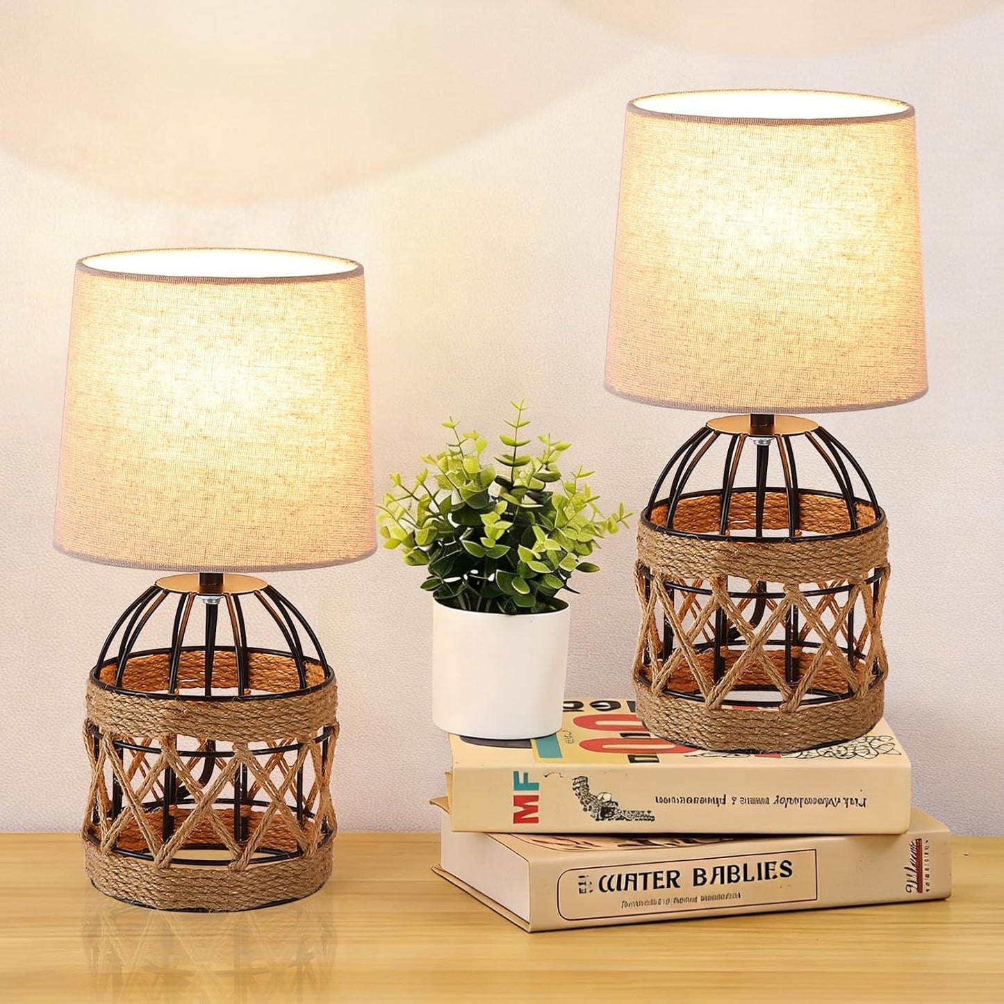 2 Lámparas Mesa Ratán Boho Dormitorio Base Metal