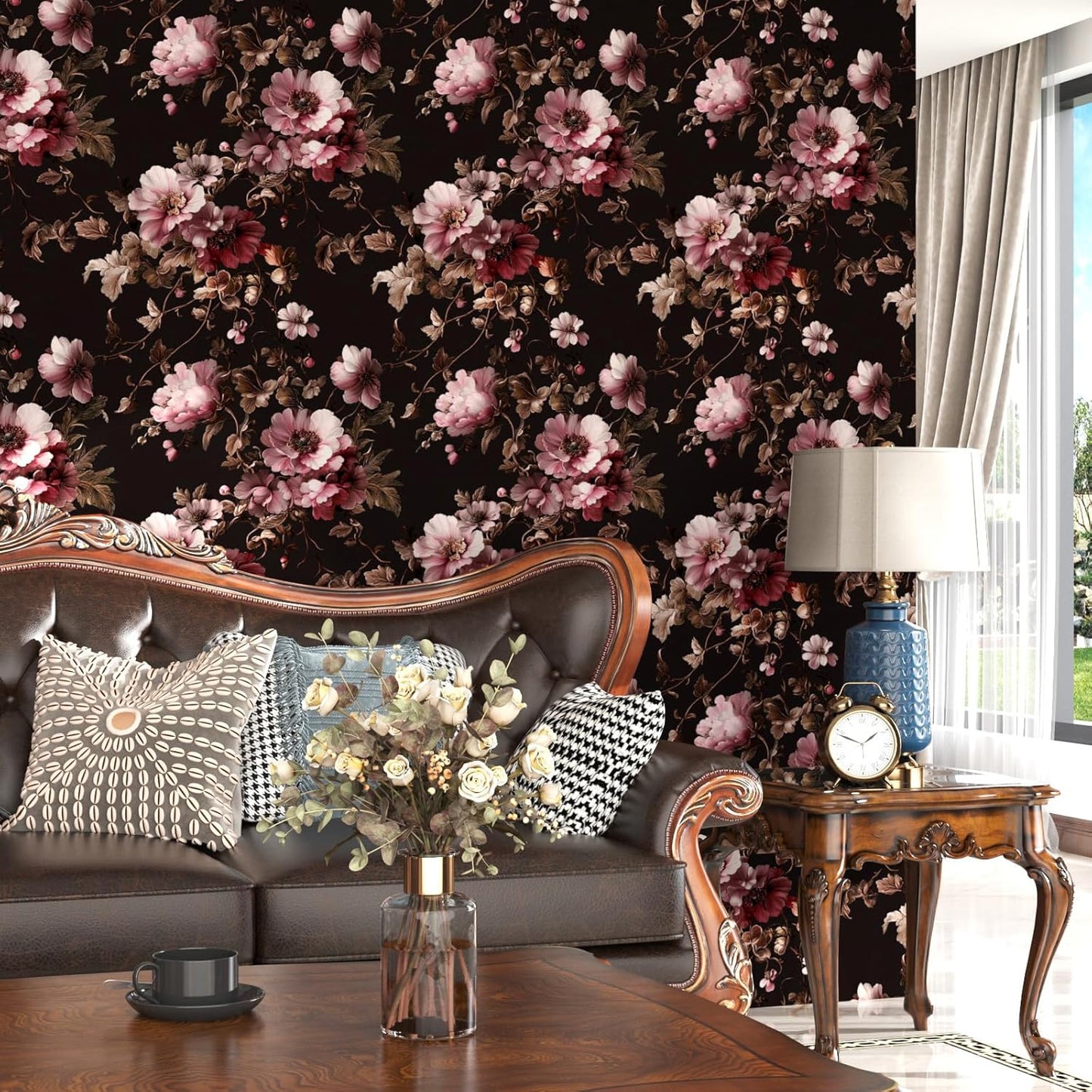 Papel tapiz floral negro autoadhesivo flores peonía