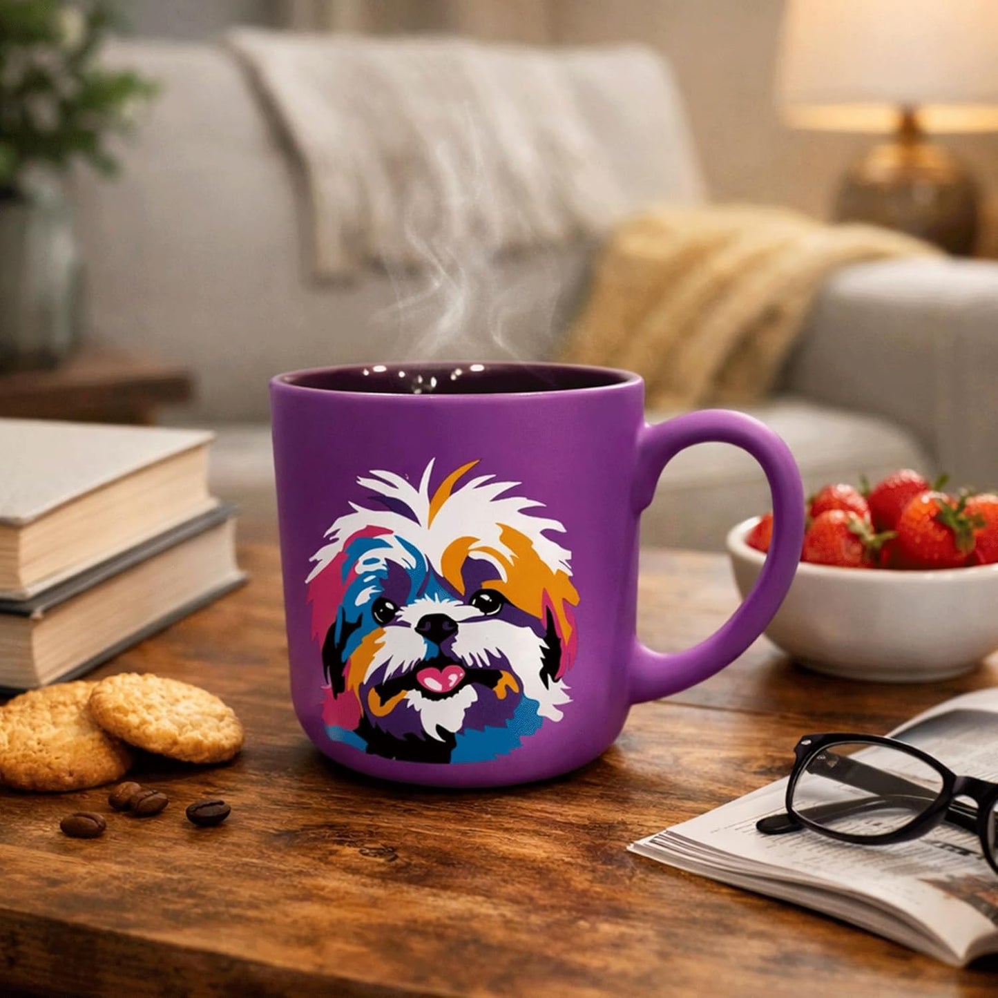 Taza Shi-Tzu morada suave al tacto de 18 oz con caja, taza de viaje de cerámica para adultos