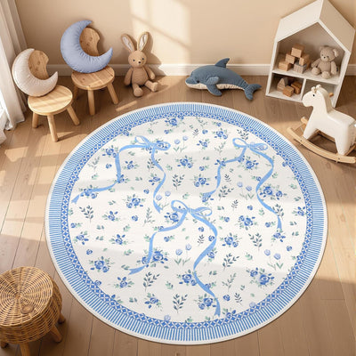 Alfombra redonda lavable 4ft dormitorio lazo azul blanco antiderrap
