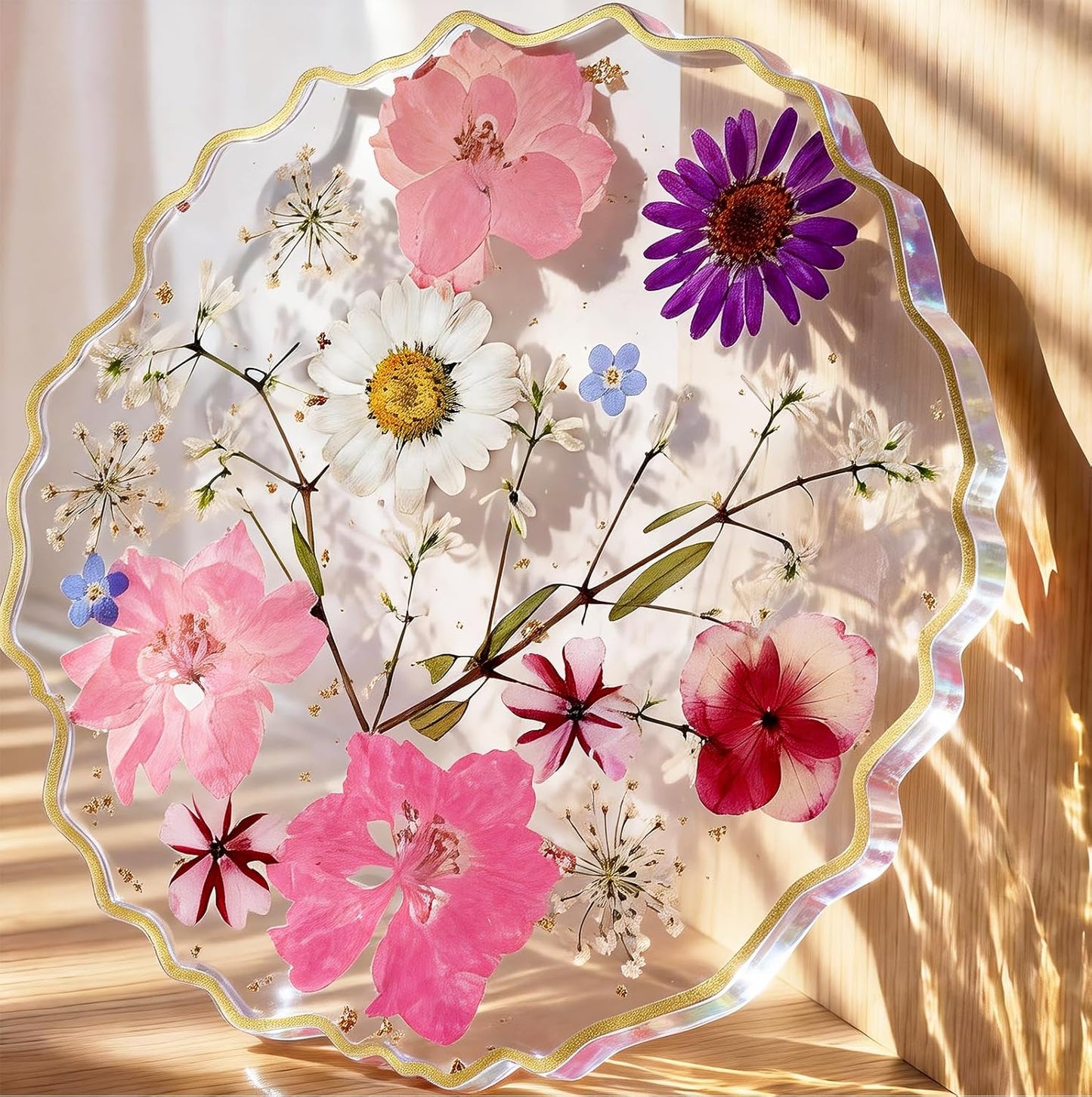 Posavasos de resina con flores secas color rosa y blanco para mesa de café