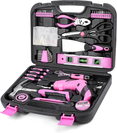 Juego herramientas hogar rosa con destornillador USB 3.6V 136pzas