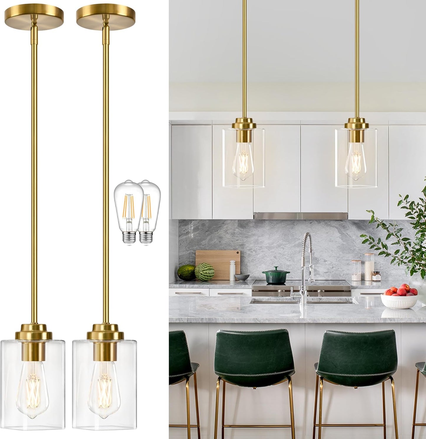 Luces colgantes cristal modernas isla cocina set 2 doradas