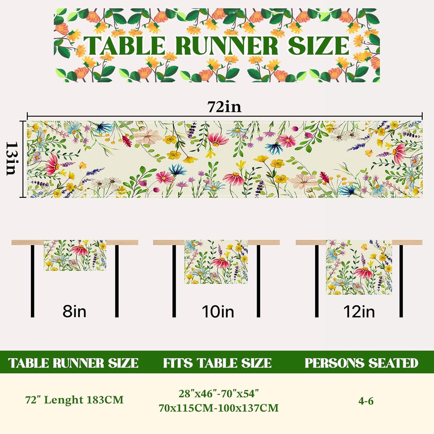 Camino de mesa floral primavera verano con margaritas lavanda 13 x 72 pulgadas