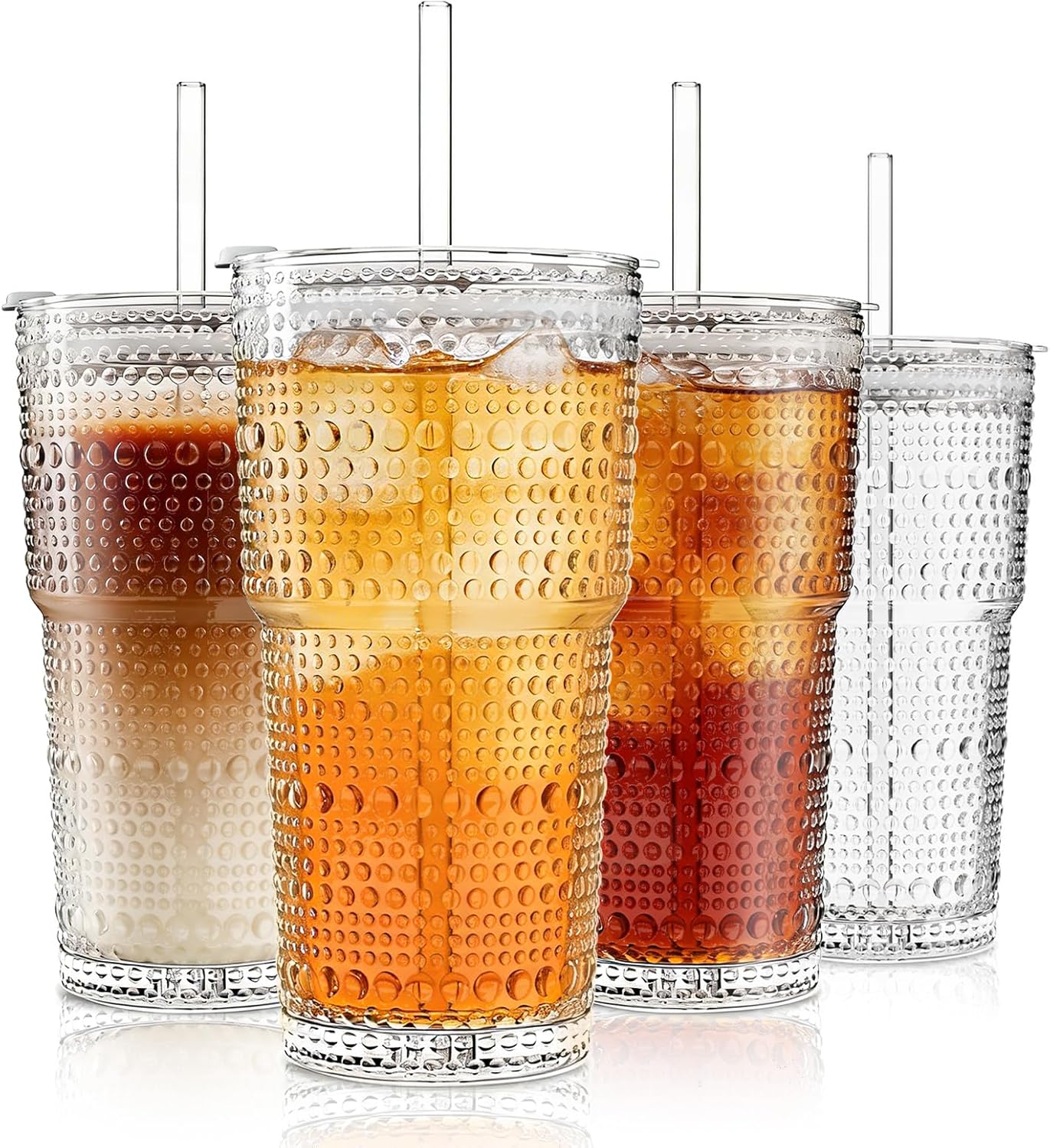 Vasos de vidrio Hobnail con tapas y pajitas 4 piezas para café helado batidos leche