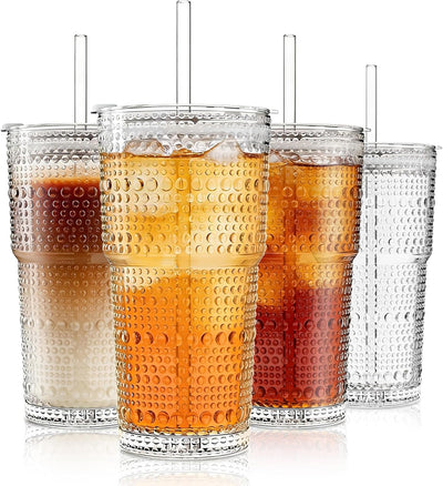 Vasos de vidrio Hobnail con tapas y pajitas 4 piezas para café helado batidos leche