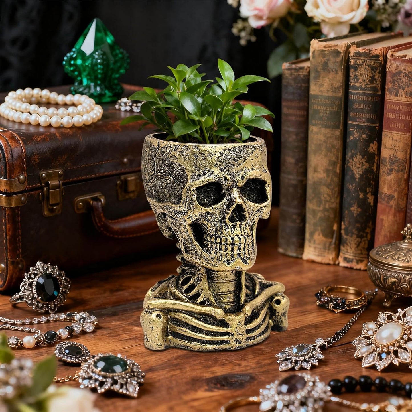 Maceta gótica calavera resina decoración Halloween