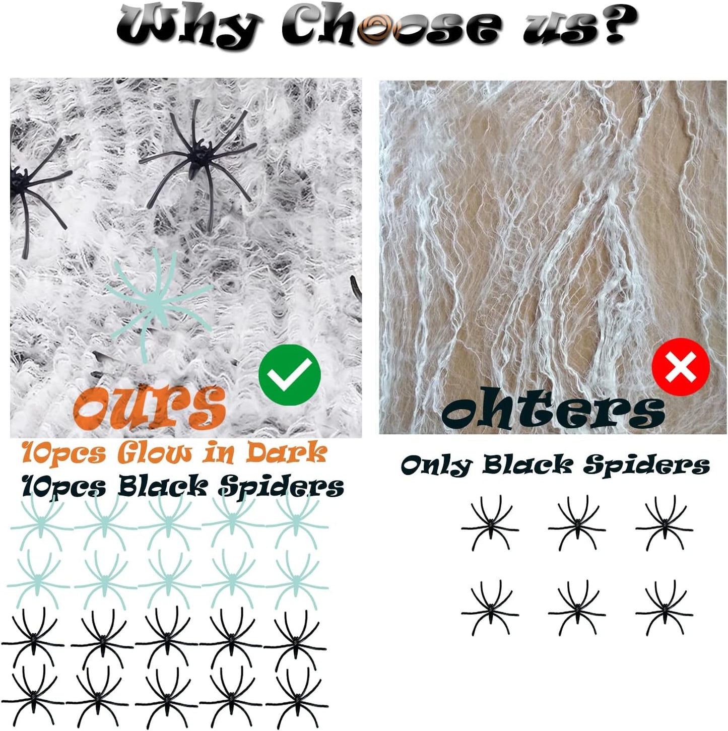 Telaraña Halloween 300ft2 con 10 arañas negras y correas blancas