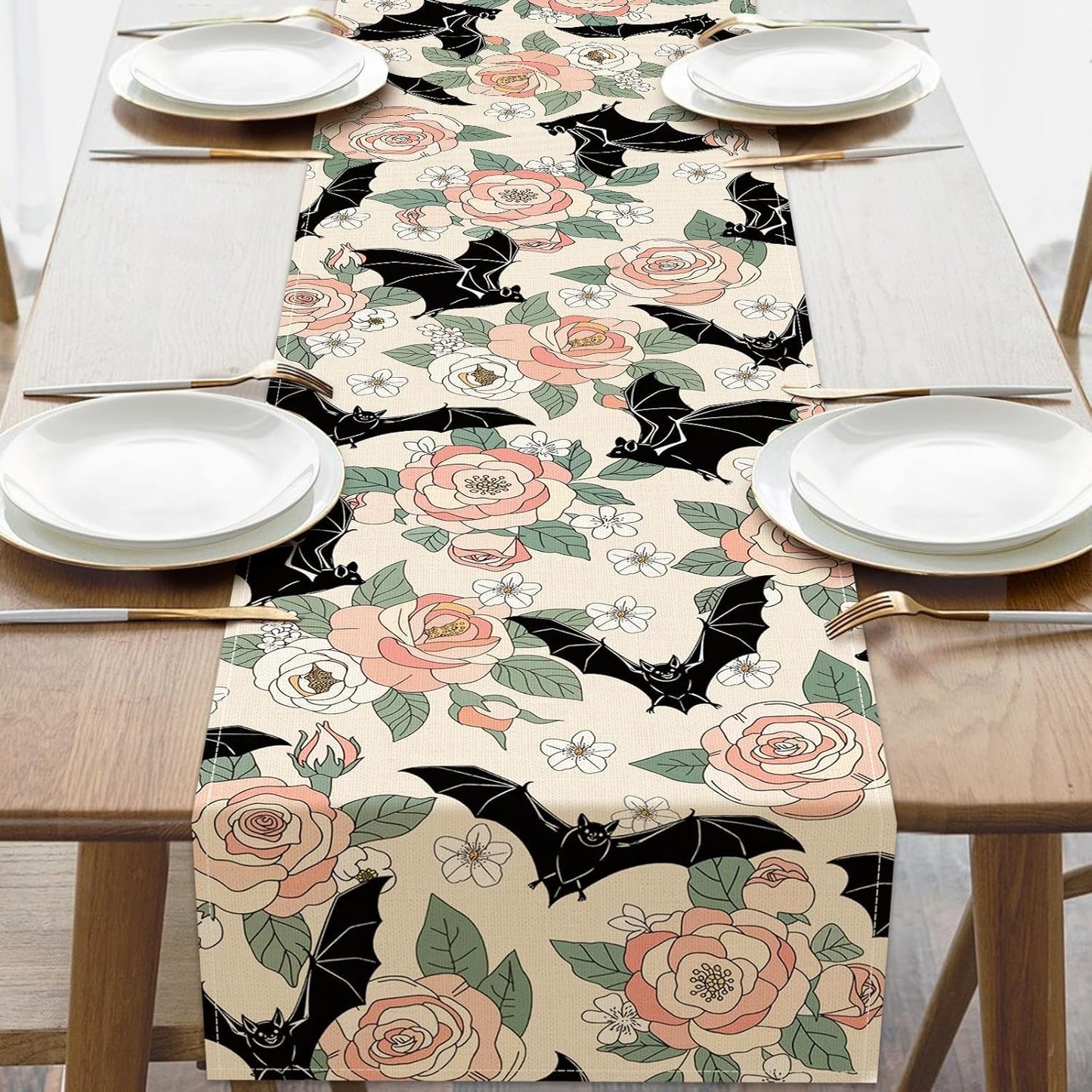 Camino de mesa con diseño de murciélagos y rosas góticas decoración de cocina arpillera floral romántica