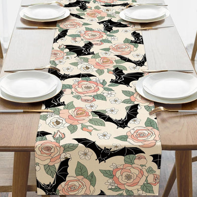 Camino de mesa con diseño de murciélagos y rosas góticas decoración de cocina arpillera floral romántica