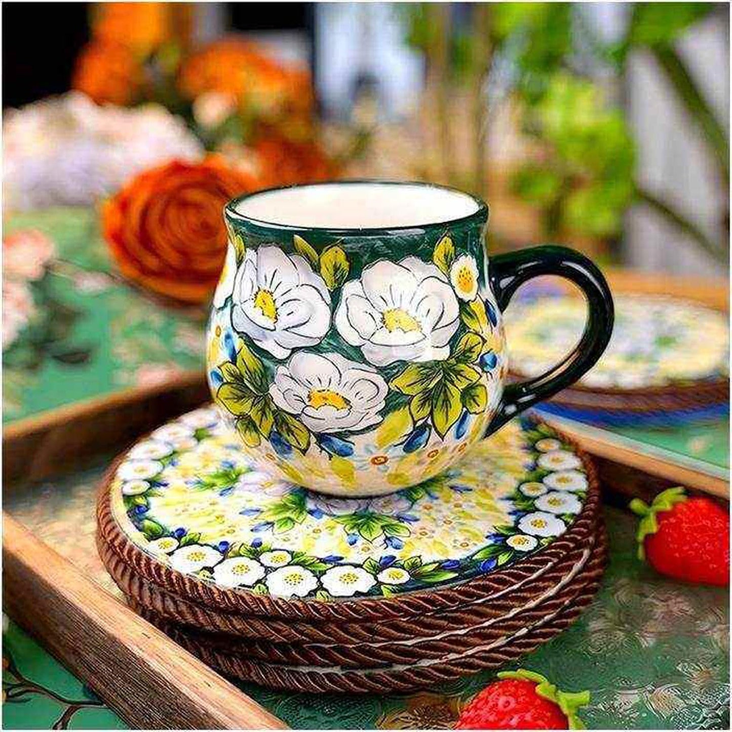 Taza Cerámica Gres Grande Pintada a Mano Verde