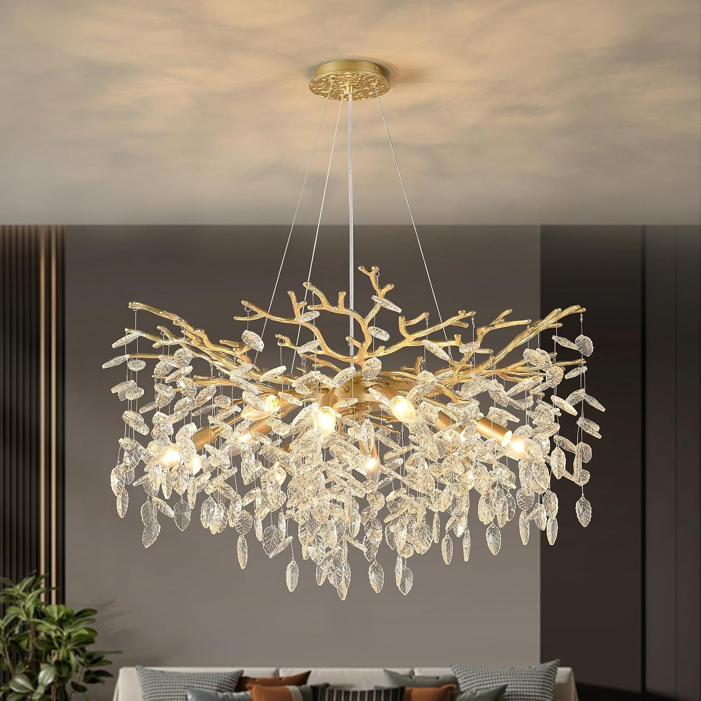 Candelabro cristal moderno 32pulg 10 luces dorado sala comedor