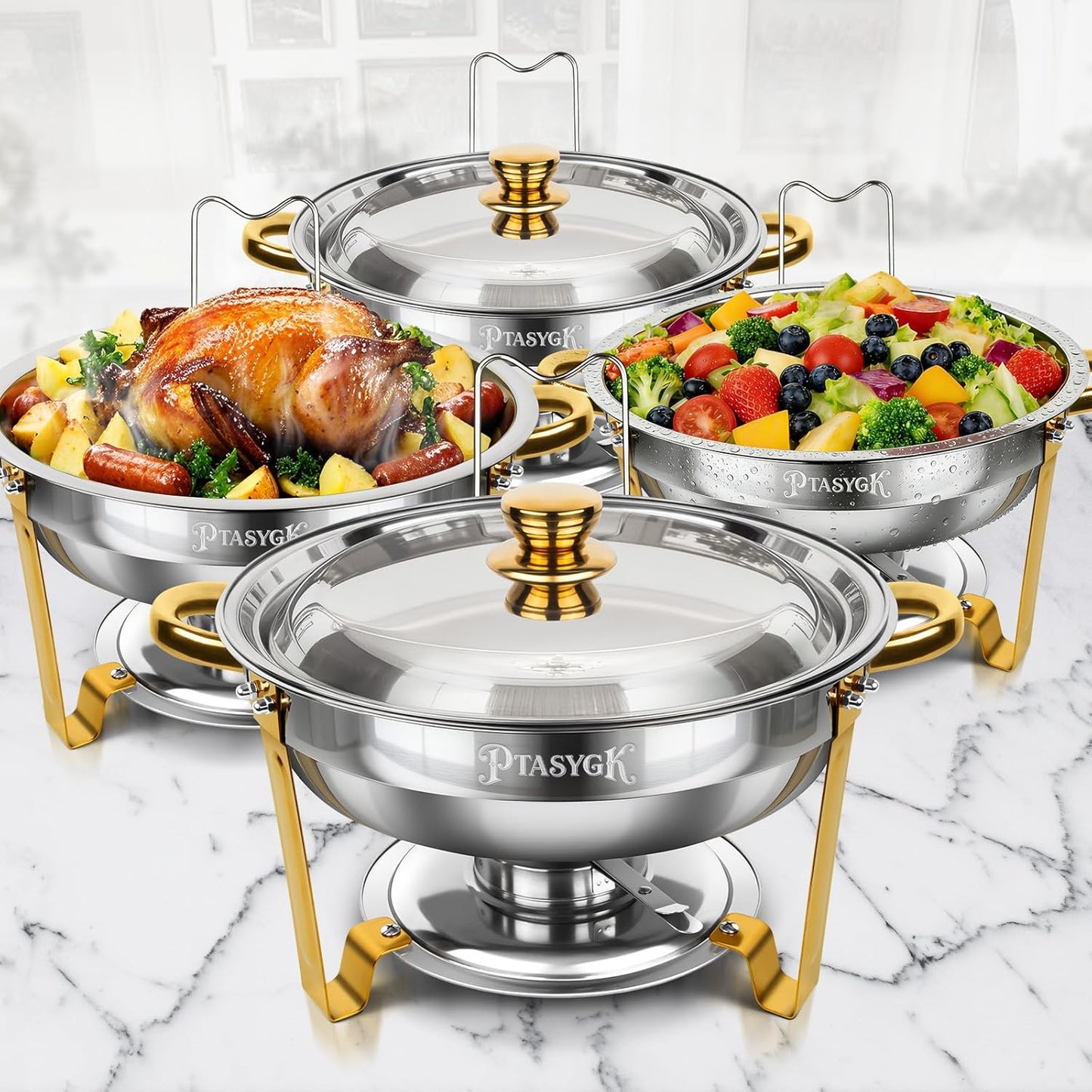 Calentador Alimentos Redondo Acero Inox Dorado Set 4 Apilable