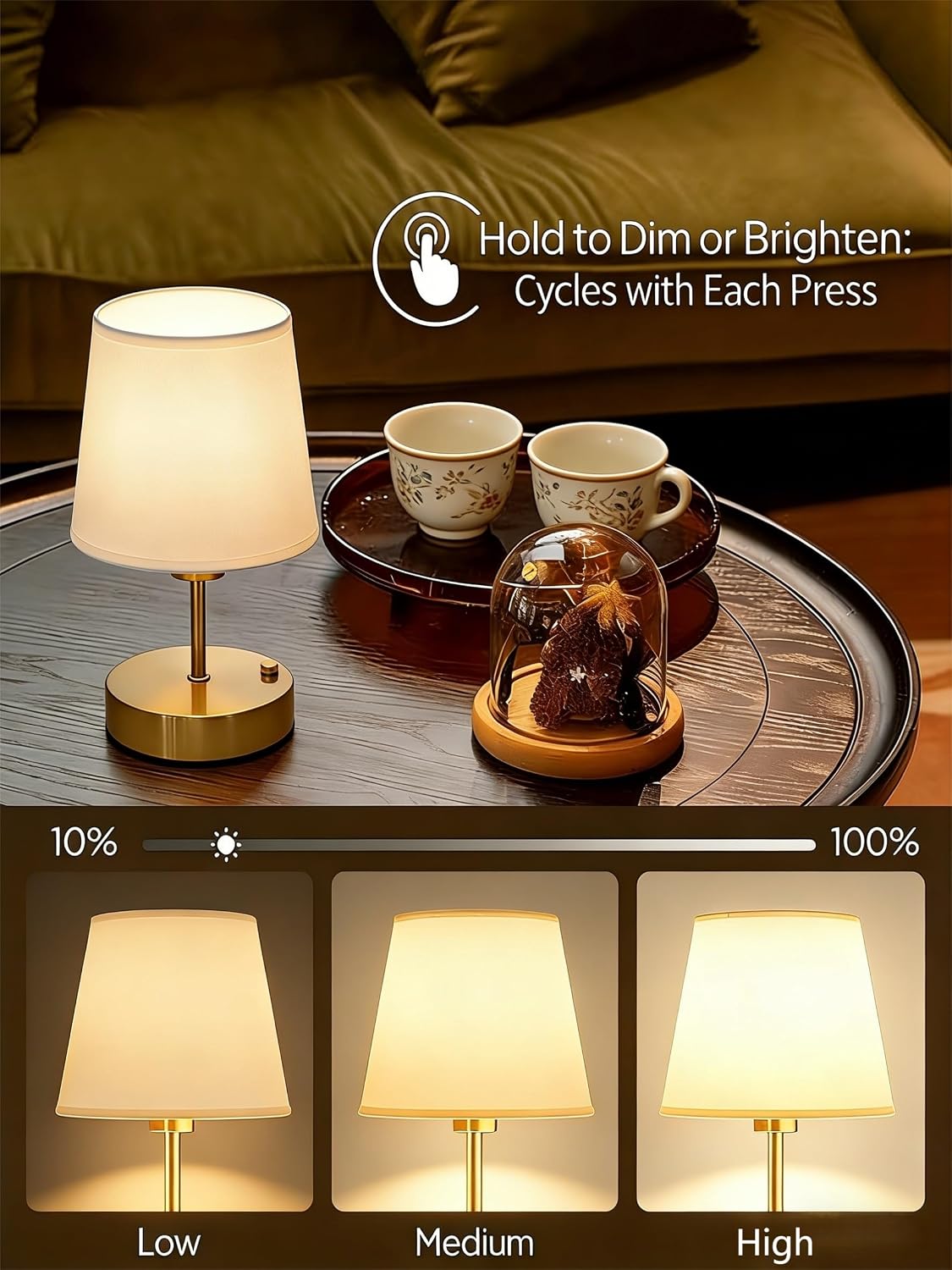Lámpara mesa inalámbrica dorada control táctil luz cálida