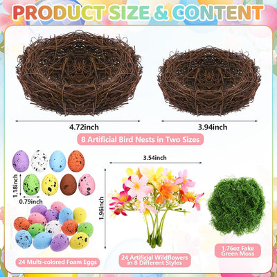 Juego 8 nidos Pascua ratán huevos coloridos flores musgo