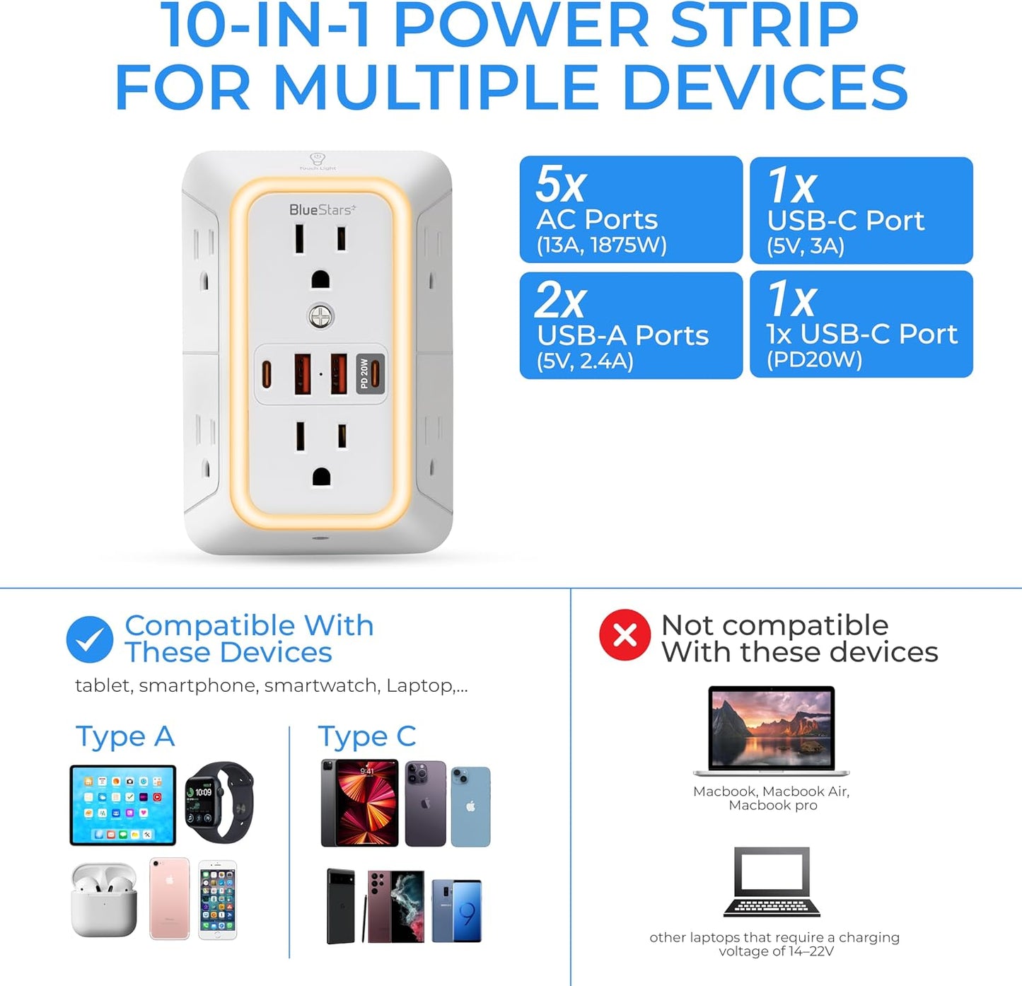Extensor salida USB 6+4 puertos carga rápida tipo C luz nocturna