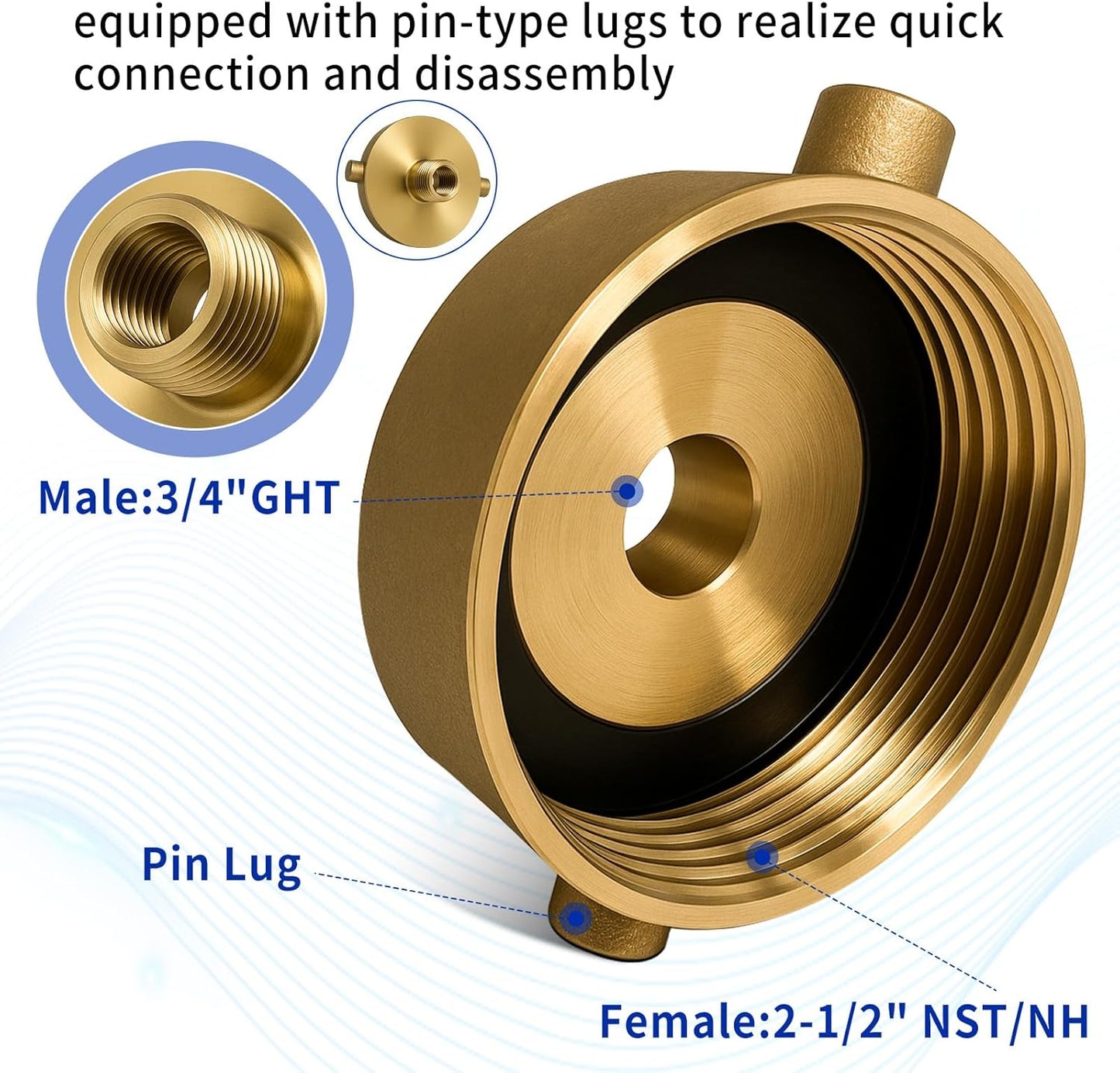Adaptador manguera hidrante 2.5pulg NST x 3/4pulg GHT latón
