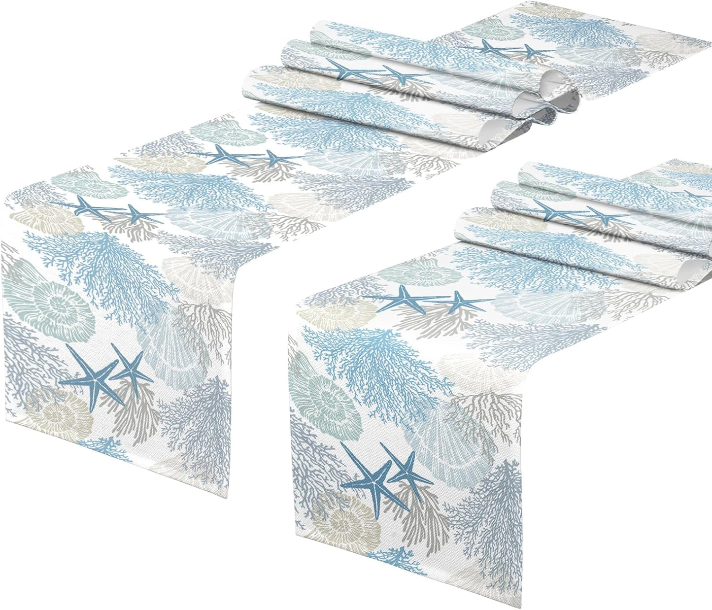 2 caminos de mesa náuticos con estrellas de mar color azul y verde azulado