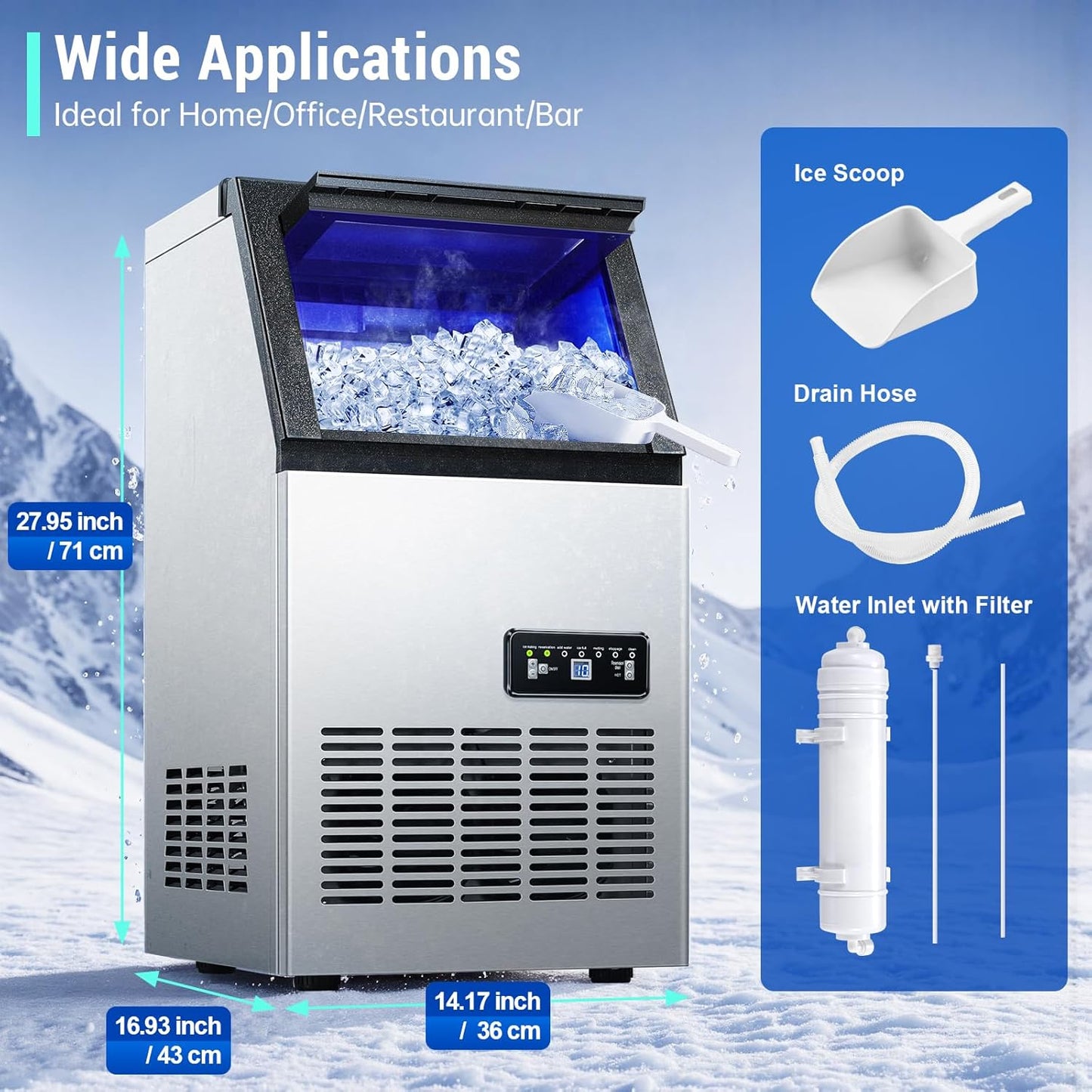 Máquina de hielo comercial 120 lb/24h con 2 entradas de agua y almacenamiento de 33 lb