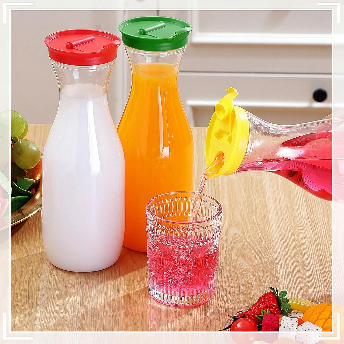 Jarra plástico transparente 32oz con tapas arcoíris set 24
