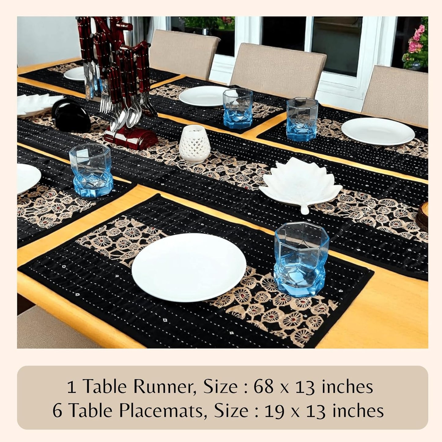 Table runner kantha tejido a mano con placemats set de 6 boho vintage