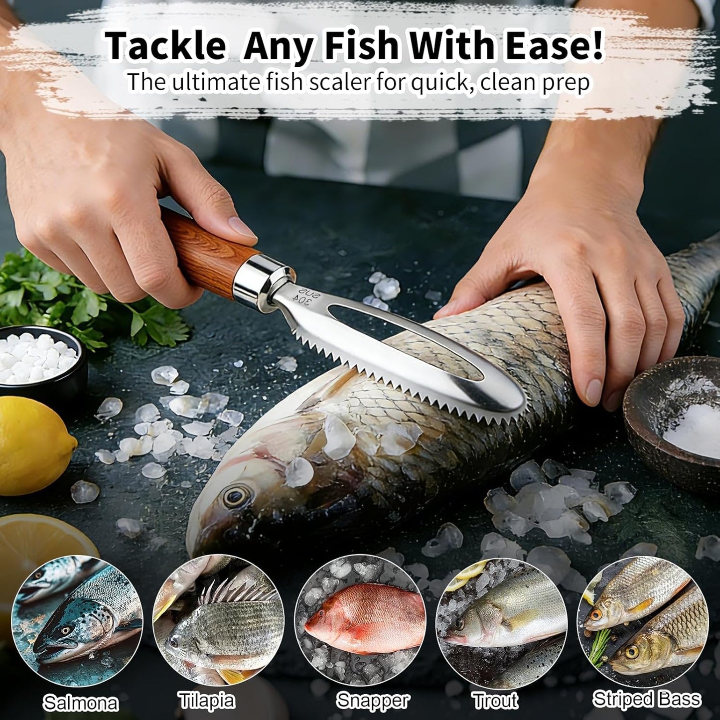 Herramienta de acero inoxidable para quitar escalador de pescado con mango de madera