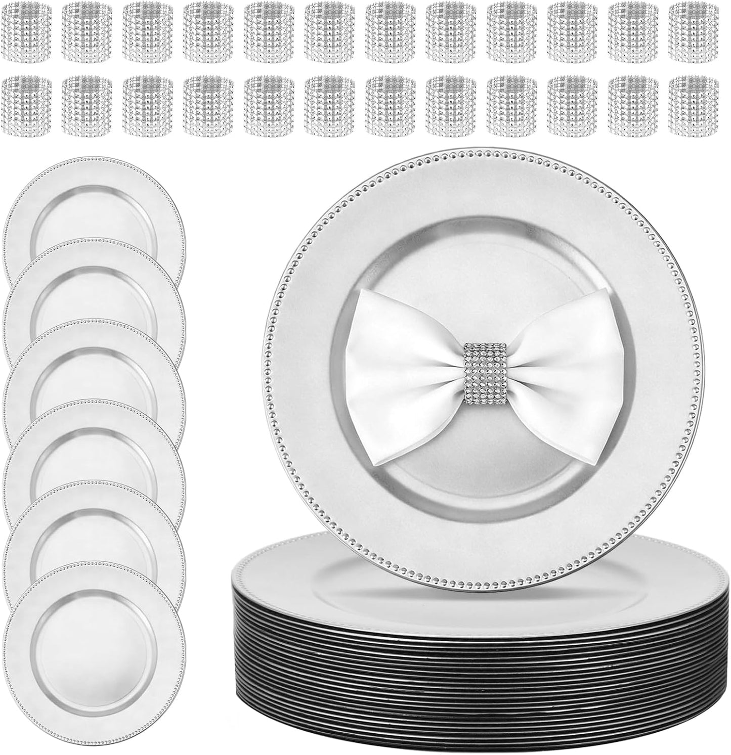 Set 24 platos plástico plateado redondos 13pulg