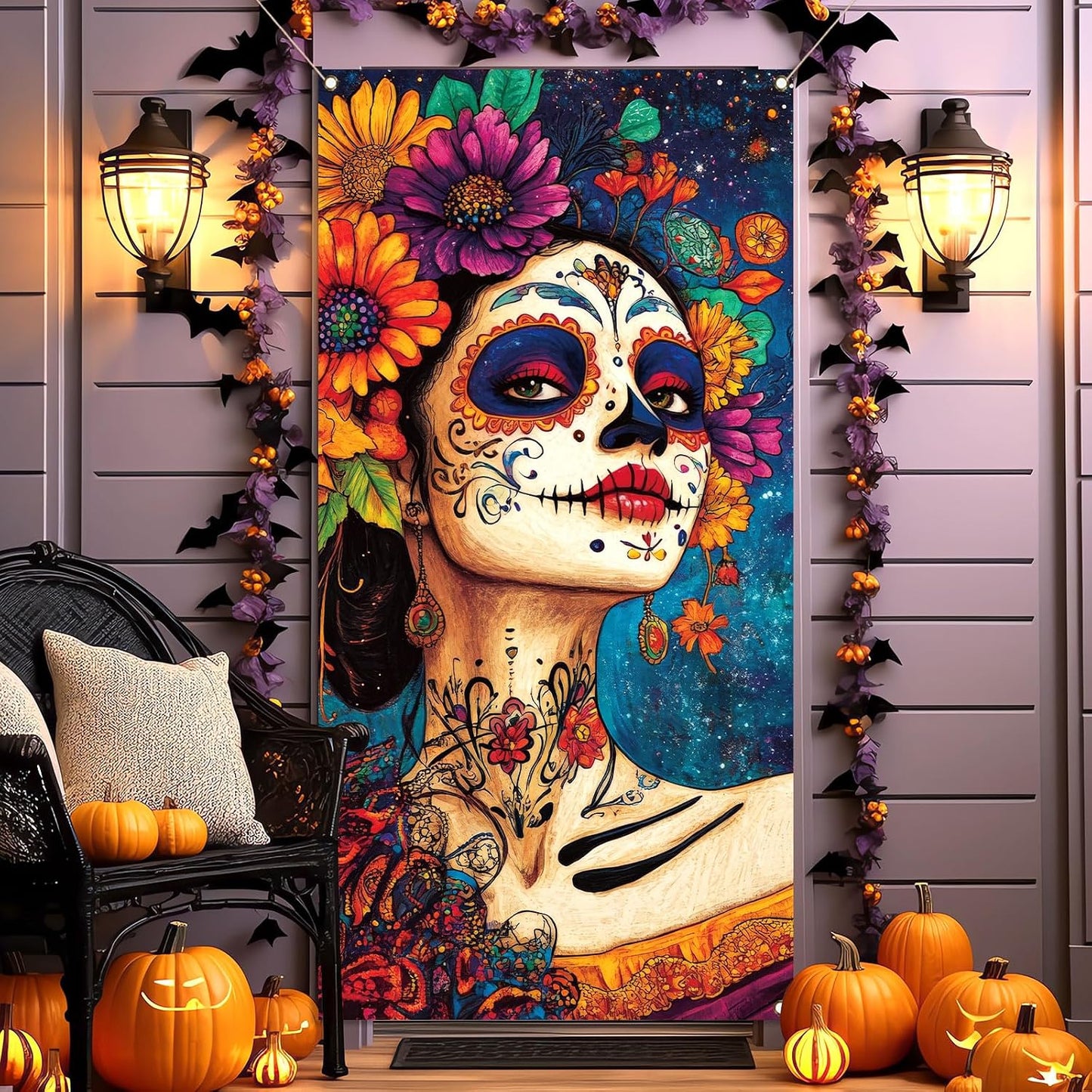 Cubierta puerta Día de los Muertos calavera azúcar decoración