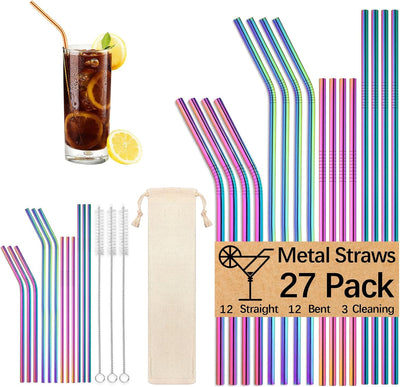 Paquete de 27 popotes reutilizables de acero inoxidable 8.5" para vasos 20 oz