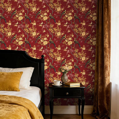 Papel tapiz chinoiserie rojo dorado floral 17.5x10pies