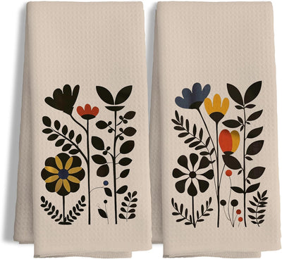 Juego de 2 toallas de cocina neutras con estampado floral estilo bohemio beige